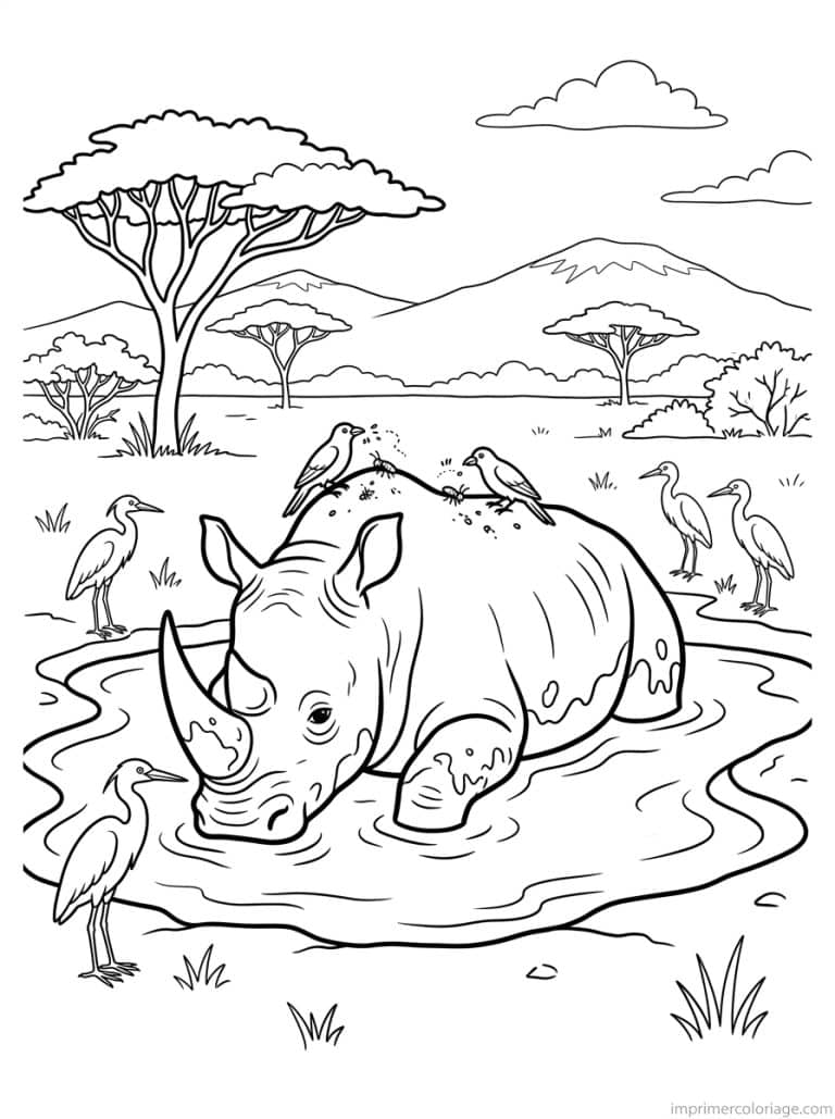 coloriage rhinoceros boue oiseaux savane à imprimer coloriage rhinoceros boue oiseaux savane - dessin gratuit à imprimer