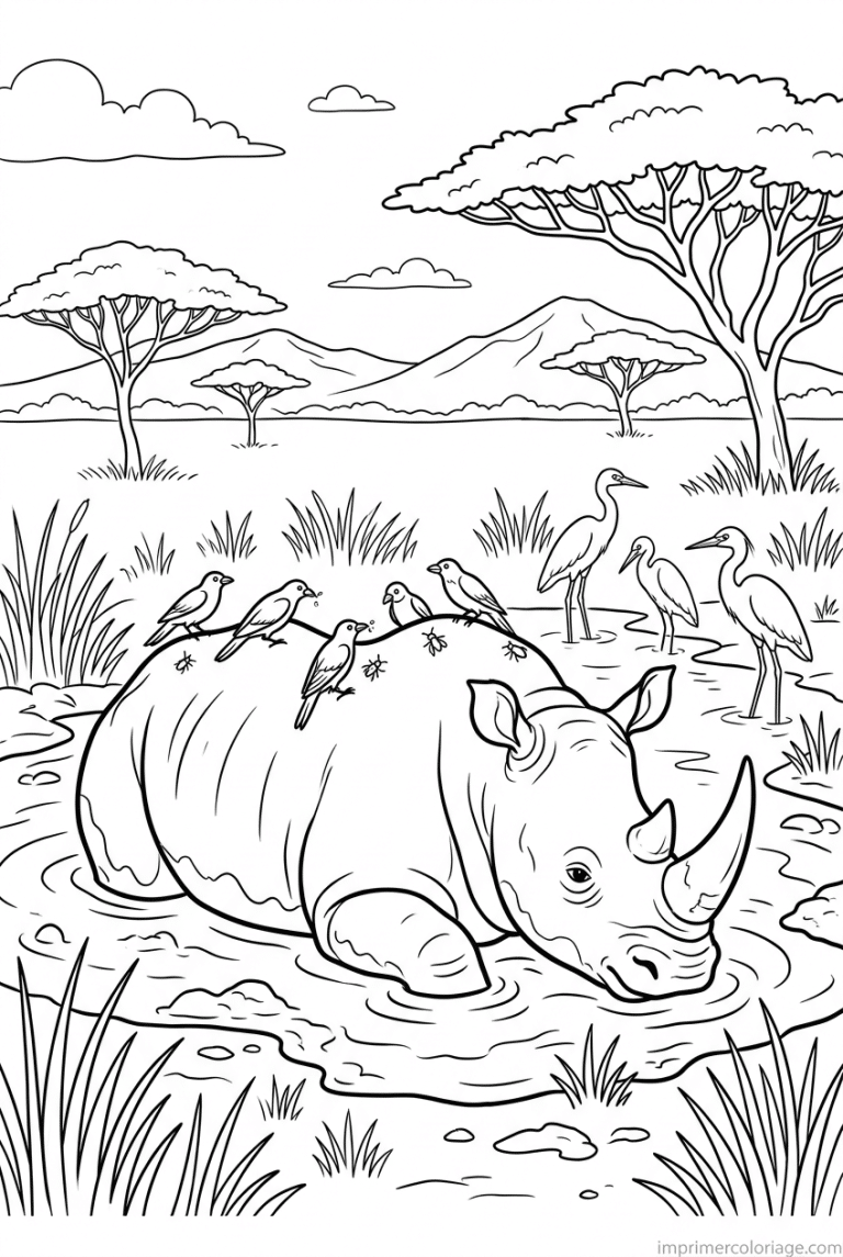 coloriage rhinoceros boue oiseaux savane à imprimer coloriage rhinoceros boue oiseaux savane - dessin gratuit à imprimer