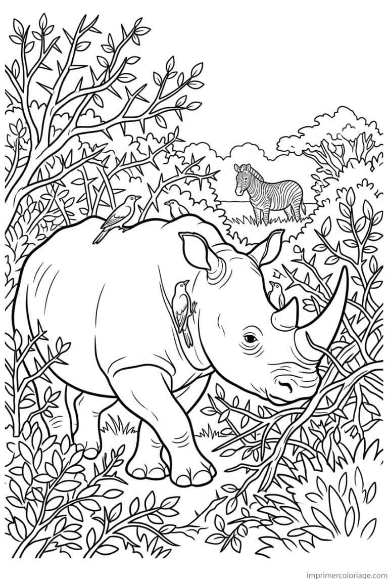 coloriage rhinoceros buissons piqueboeuf à imprimer coloriage rhinoceros buissons piqueboeuf - dessin gratuit à imprimer