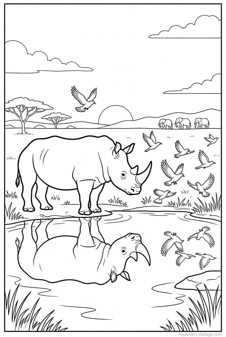 coloriage rhinoceros point eau reflet à imprimer coloriage rhinoceros point eau reflet - dessin gratuit à imprimer