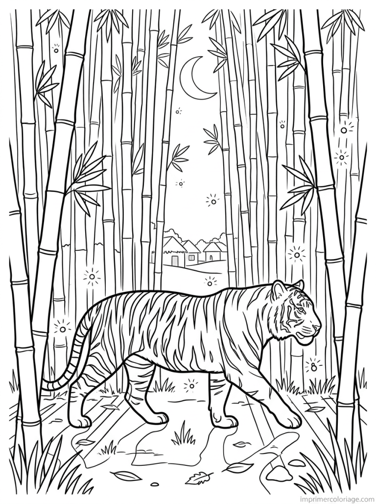 coloriage tigre bambou nuit lucioles - dessin gratuit &agrave; imprimer