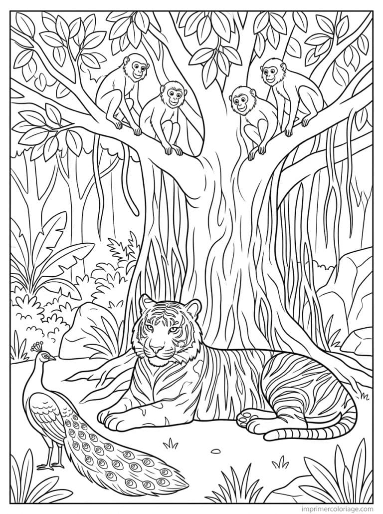 coloriage tigre inde banian paons - dessin gratuit &agrave; imprimer