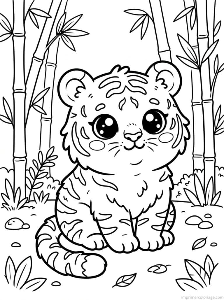 coloriage tigre kawaii bambou - dessin gratuit &agrave; imprimer