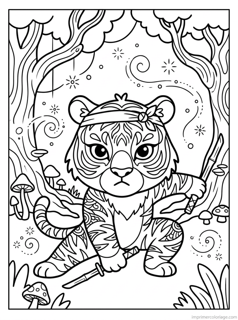 coloriage tigre kawaii ninja bambou (1) - dessin gratuit &agrave; imprimer