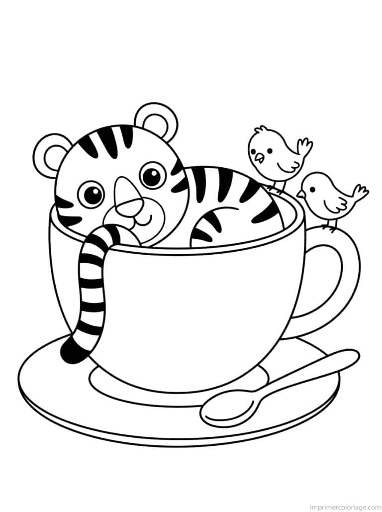 coloriage tigre kawaii tasse the - dessin gratuit &agrave; imprimer