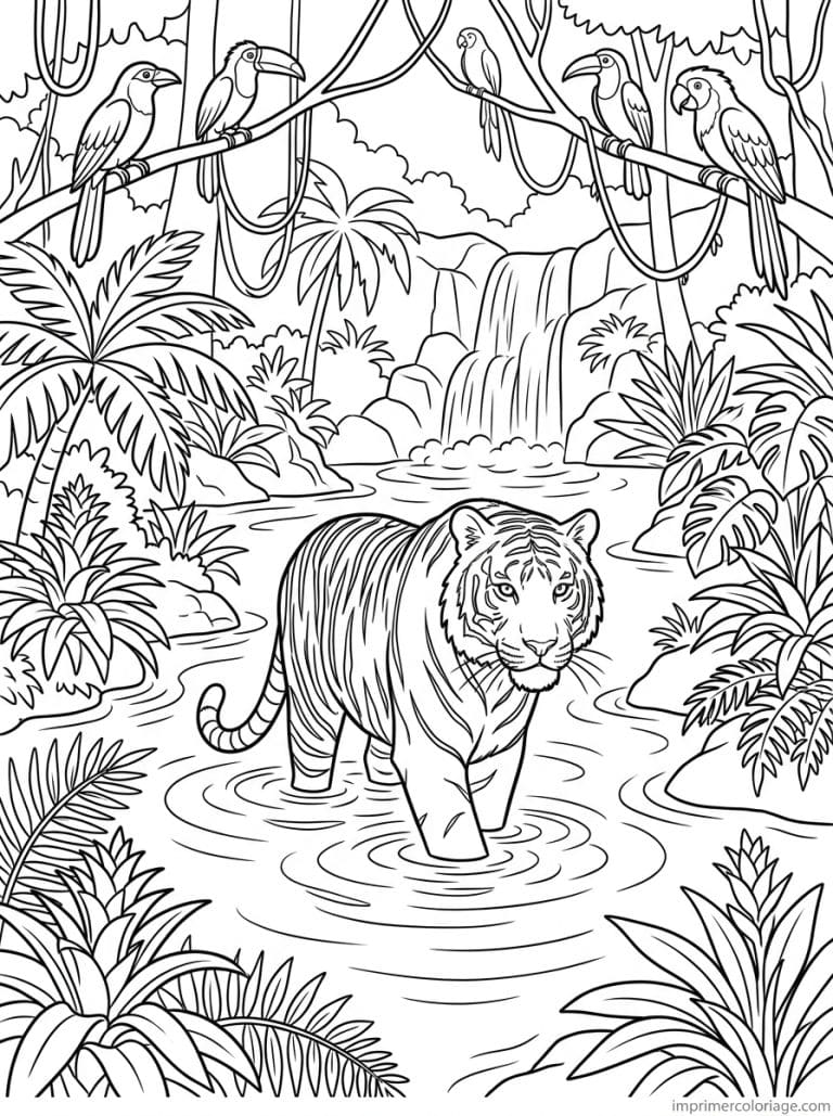 coloriage tigre riviere jungle cascade - dessin gratuit &agrave; imprimer