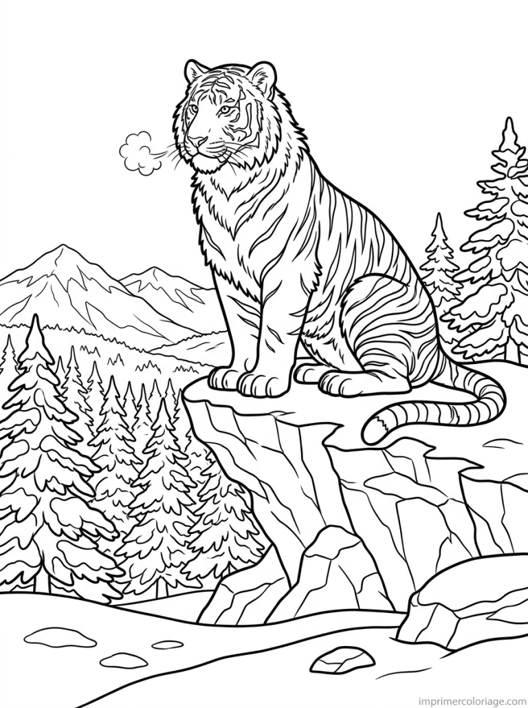 coloriage tigre siberie neige rocher - dessin gratuit &agrave; imprimer