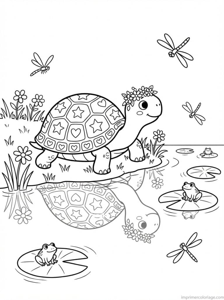 coloriage tortue etang couronne fleurs - dessin gratuit &agrave; imprimer
