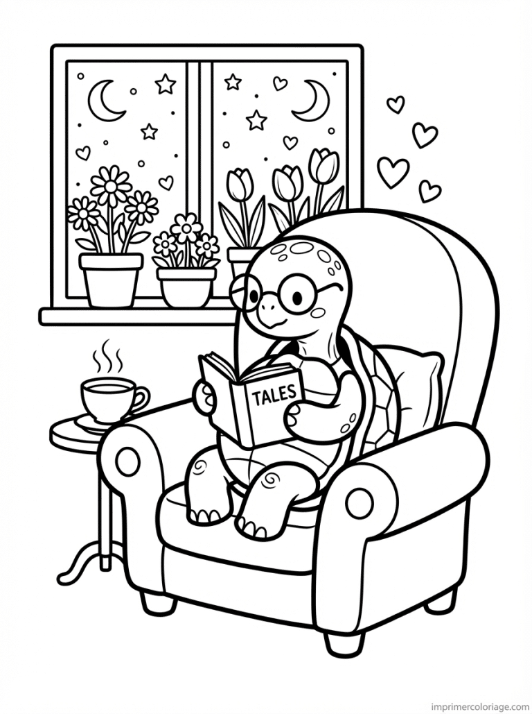 coloriage tortue fauteuil livre - dessin gratuit &agrave; imprimer