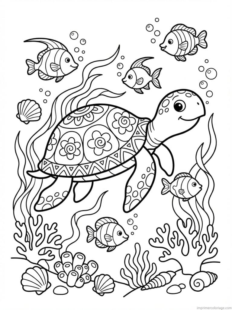 coloriage tortue mer poissons corail - dessin gratuit &agrave; imprimer