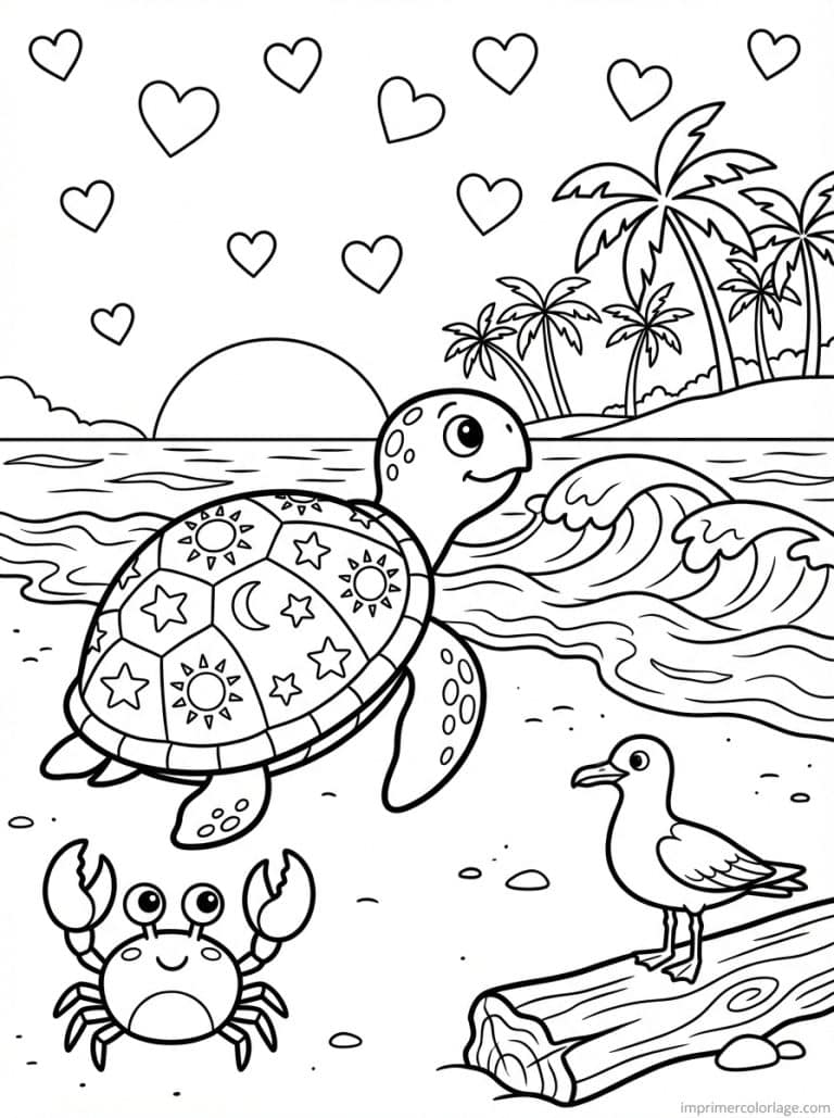 coloriage tortue plage coucher soleil - dessin gratuit &agrave; imprimer