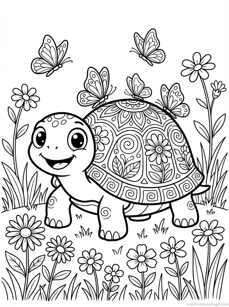 coloriage tortue prairie fleurs - dessin gratuit &agrave; imprimer