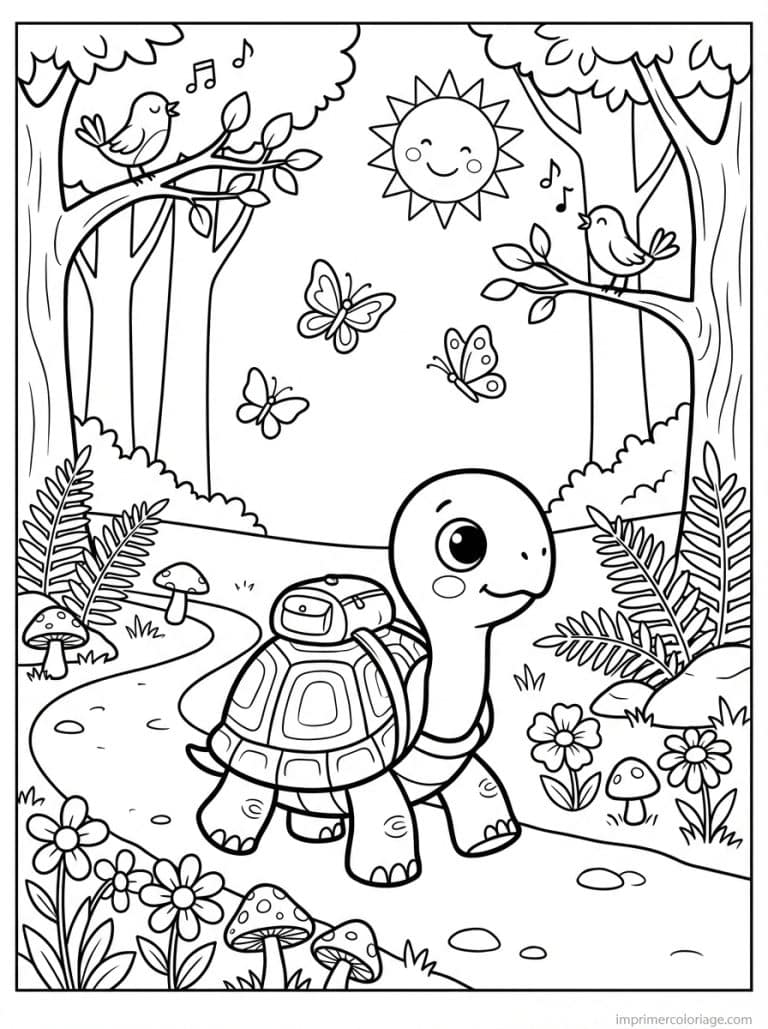 coloriage tortue sac dos aventure - dessin gratuit &agrave; imprimer