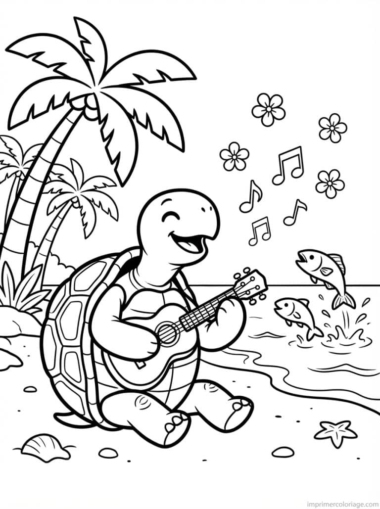 coloriage tortue ukulele plage - dessin gratuit &agrave; imprimer