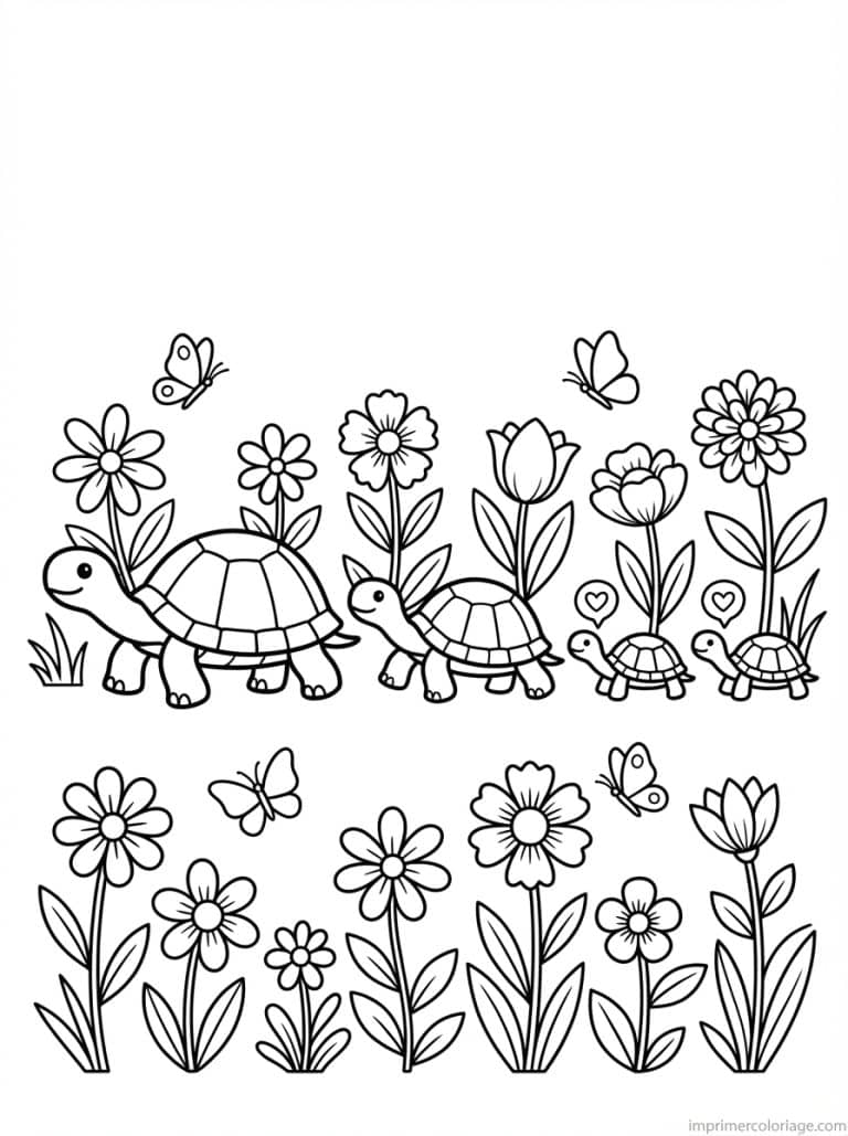 coloriage tortues famille printemps - dessin gratuit &agrave; imprimer