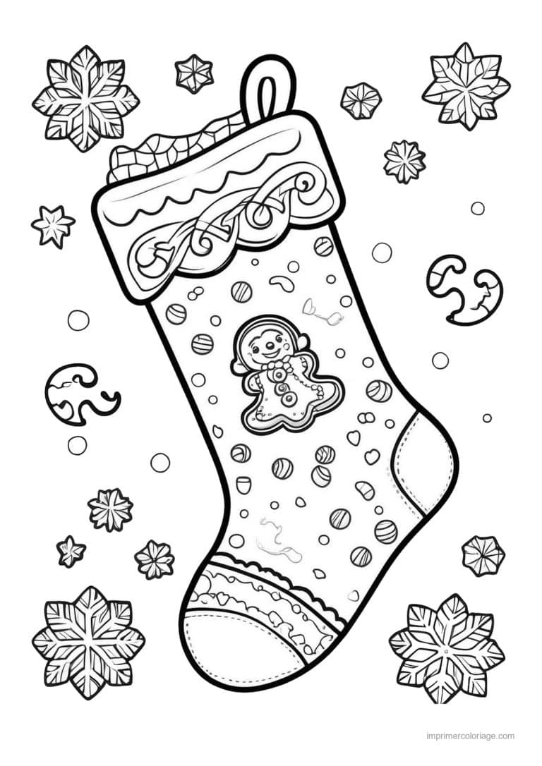 coloriage chausette noel chaussette motifs flocons biscuits - dessin gratuit &agrave; imprimer