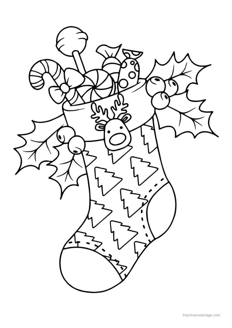 coloriage chausette noel chaussette sapins renne houx bonbons - dessin gratuit &agrave; imprimer