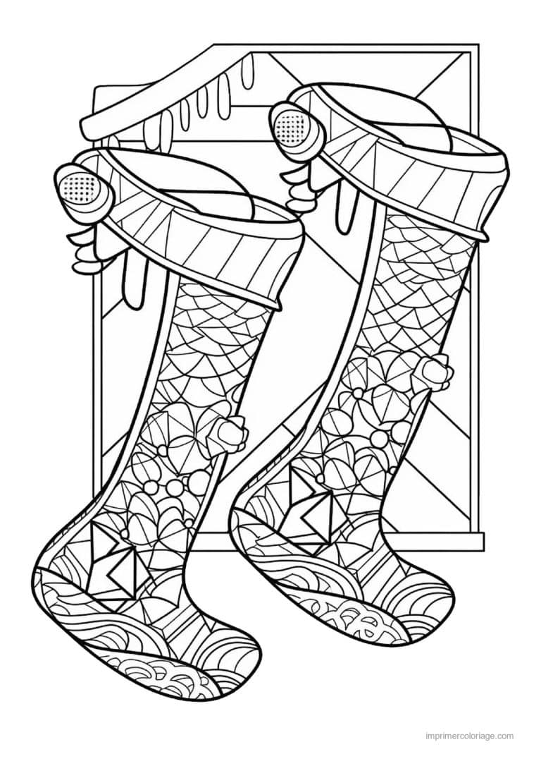 coloriage chausette noel deux chaussettes suspendues vitrail - dessin gratuit &agrave; imprimer