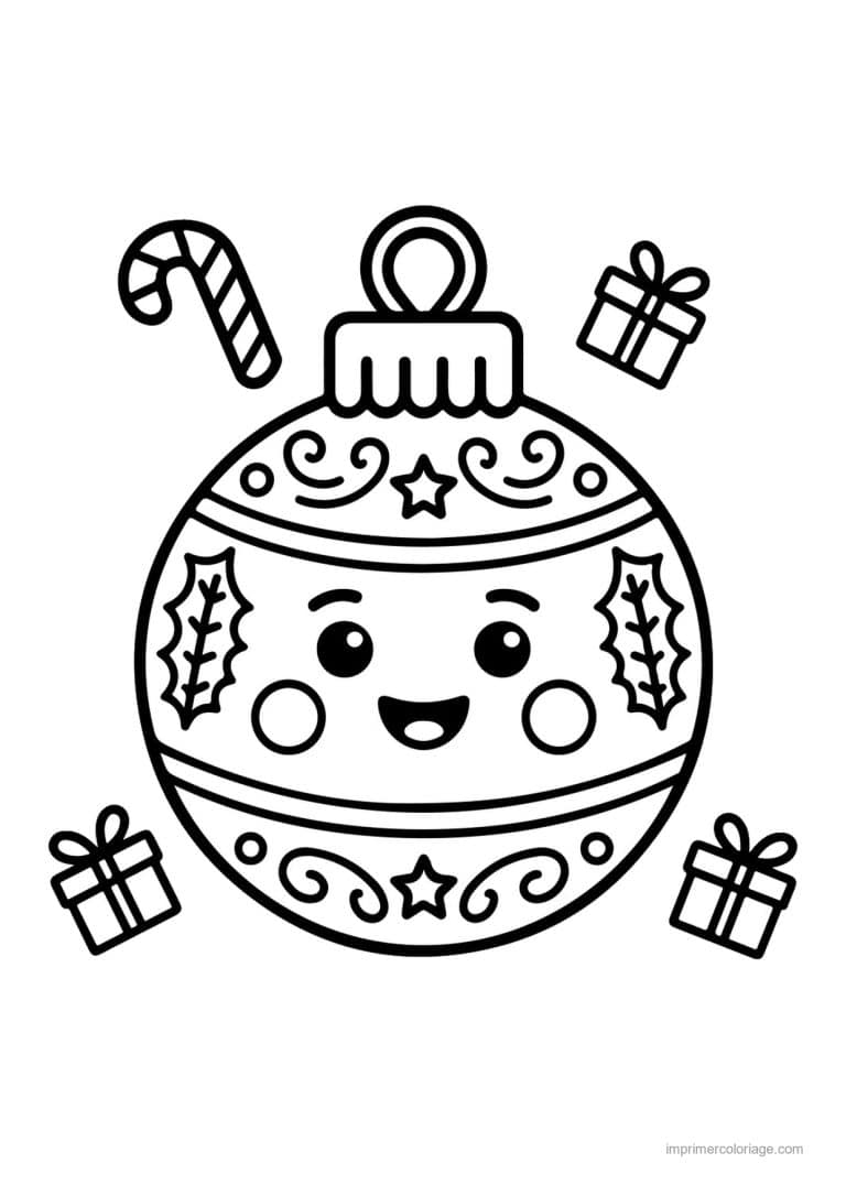 coloriage boules de noel boule noel souriante houx sucres orge - dessin gratuit &agrave; imprimer