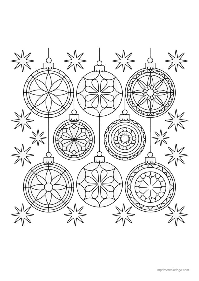 coloriage boules de noel boules rosaces suspendues etoiles - dessin gratuit &agrave; imprimer