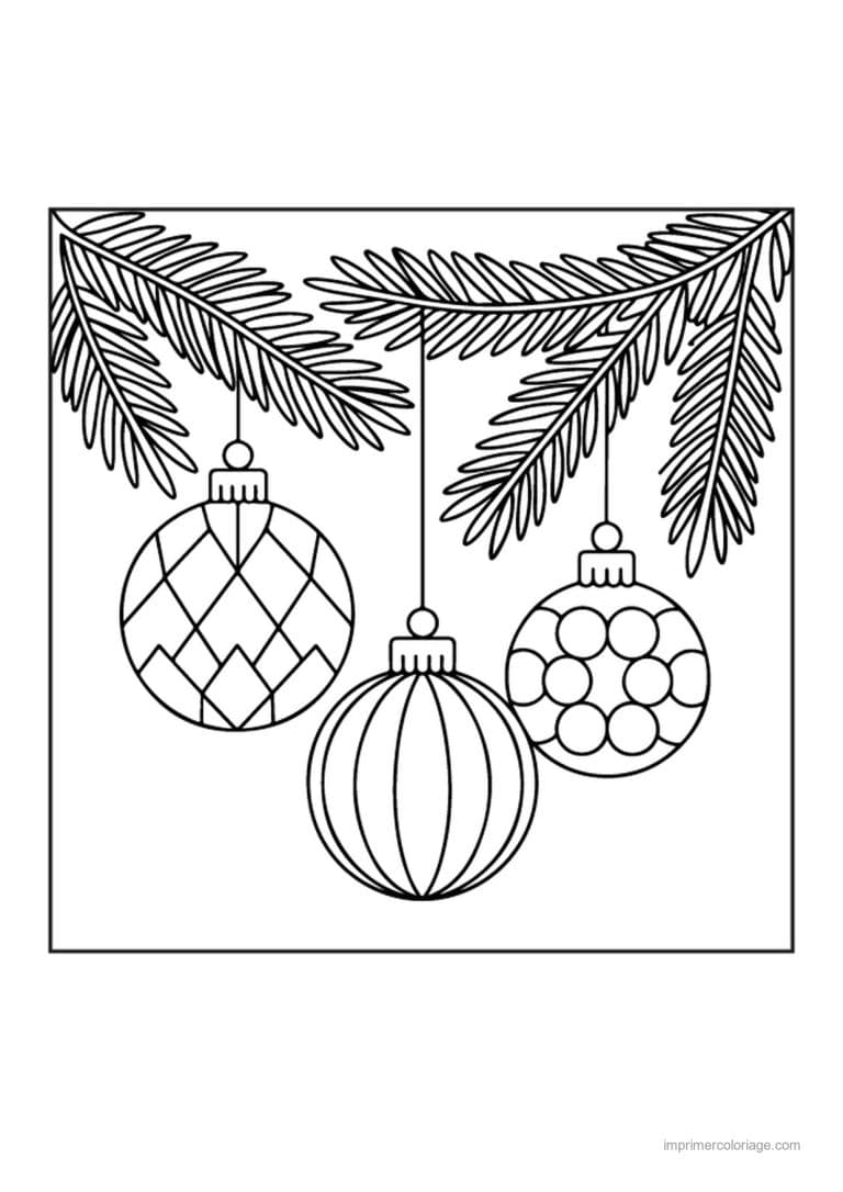 coloriage boules de noel trois boules suspendues branches sapin - dessin gratuit &agrave; imprimer