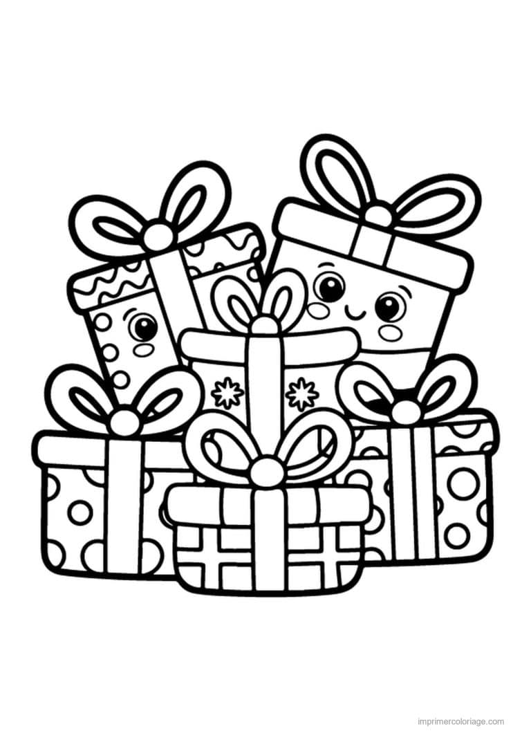 coloriage cadeau pile cadeaux kawaii noeuds - dessin gratuit &agrave; imprimer