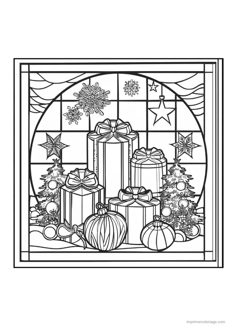 coloriage cadeau pile cadeaux sapins fenetre vitrail - dessin gratuit &agrave; imprimer