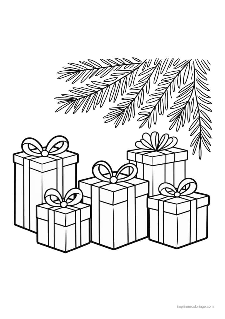 coloriage cadeau pile cadeaux sous branche sapin - dessin gratuit &agrave; imprimer