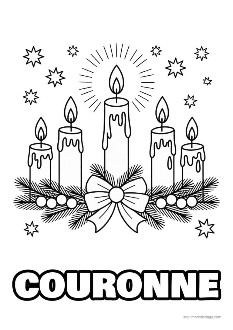 coloriage couronne noel couronne avent cinq bougies noeud - dessin gratuit &agrave; imprimer