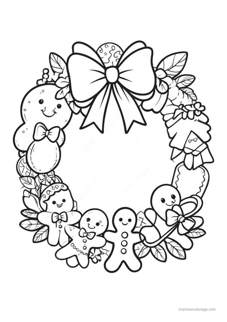 coloriage couronne noel couronne noeud bonshommes pain epice - dessin gratuit &agrave; imprimer