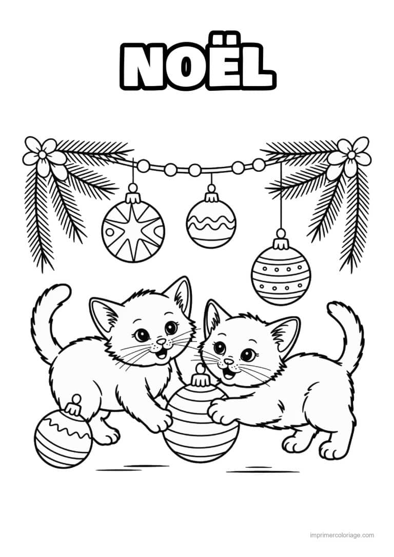 coloriage noel ce1 deux chatons jouant boules - dessin gratuit &agrave; imprimer