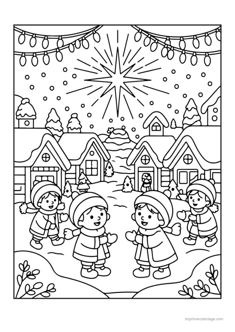 coloriage noel ce1 enfants village etoile guirlandes - dessin gratuit &agrave; imprimer