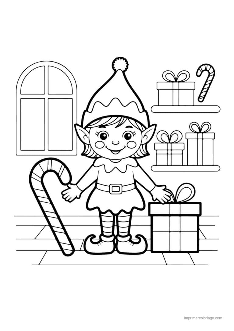 coloriage noel ce1 lutin sucre orge cadeaux fenetre - dessin gratuit &agrave; imprimer