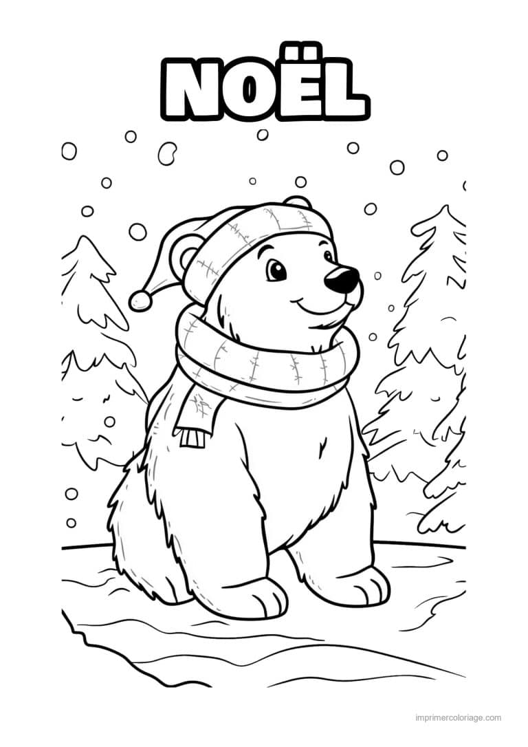 coloriage noel ce1 ours bonnet noel echarpe sapins - dessin gratuit &agrave; imprimer