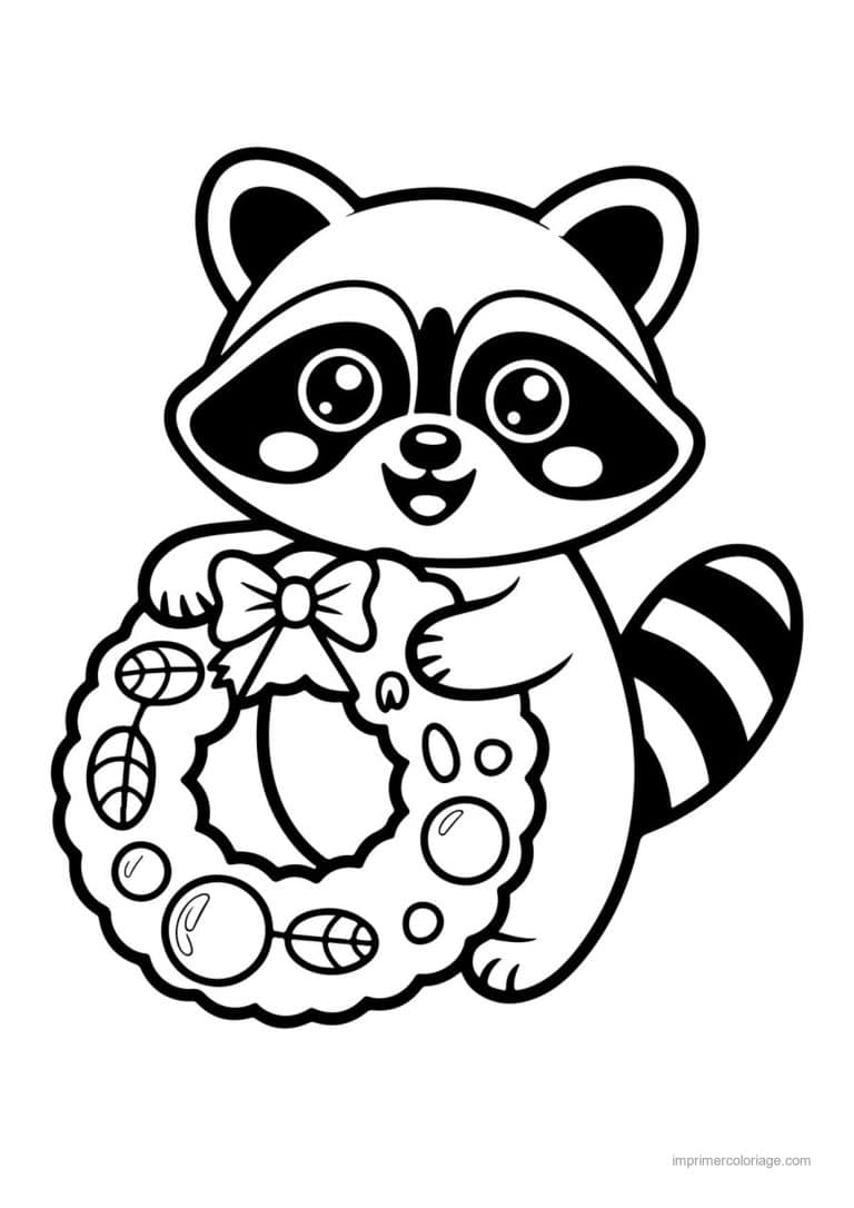 coloriage noel ce1 raton laveur tenant couronne - dessin gratuit &agrave; imprimer
