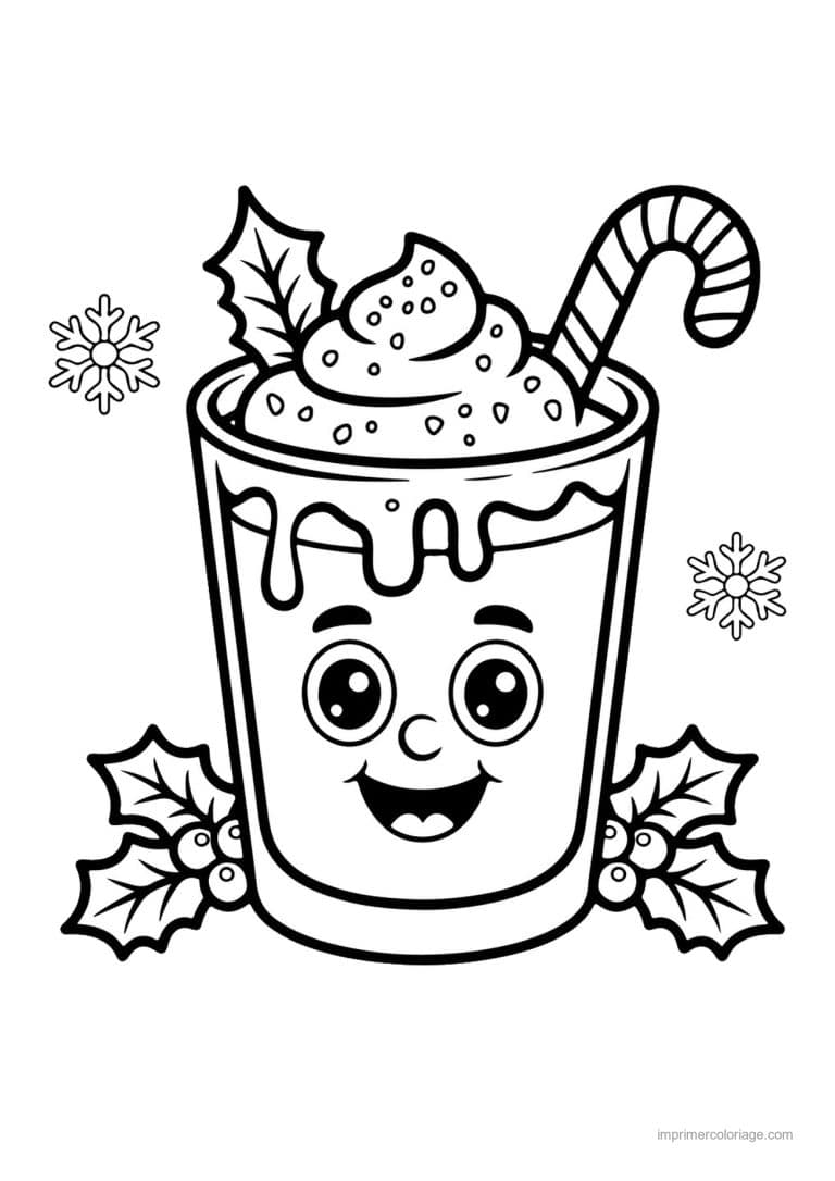 coloriage noel ce1 verre chocolat souriant chantilly houx - dessin gratuit &agrave; imprimer