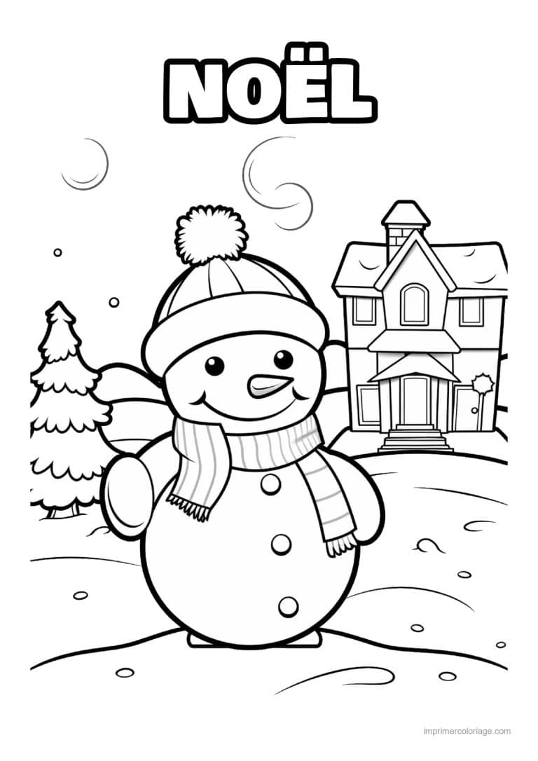 coloriage noel ce2 bonhomme neige echarpe maison sapins - dessin gratuit &agrave; imprimer