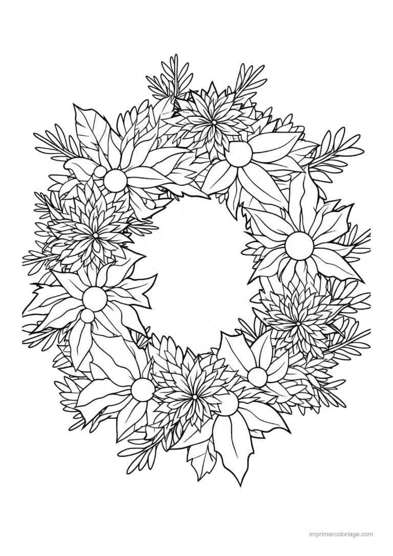 coloriage noel ce2 couronne poinsettias - dessin gratuit &agrave; imprimer