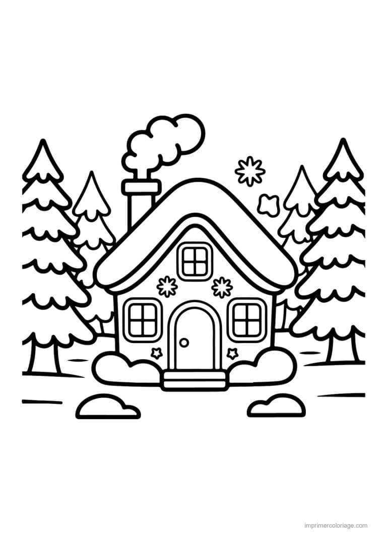 coloriage noel ce2 maison enneigee entre sapins - dessin gratuit &agrave; imprimer