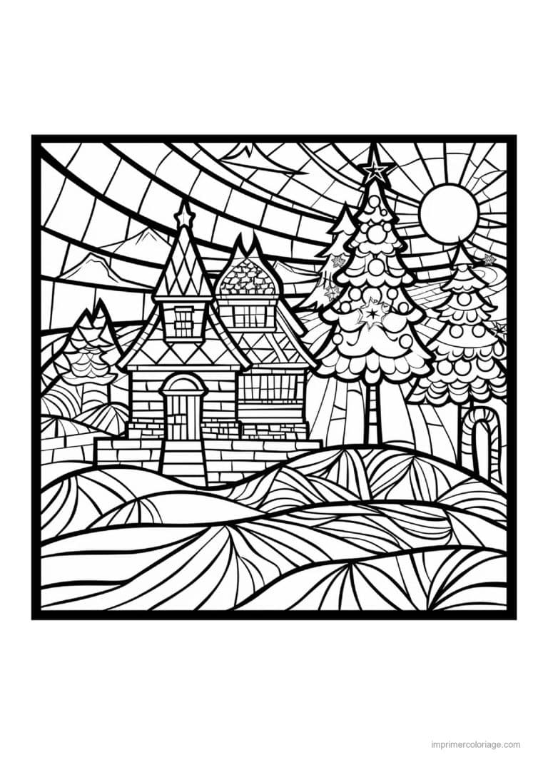 coloriage noel ce2 maison sapins collines vitrail - dessin gratuit &agrave; imprimer