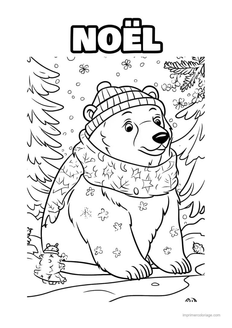 coloriage noel ce2 ours bonnet echarpe foret - dessin gratuit &agrave; imprimer