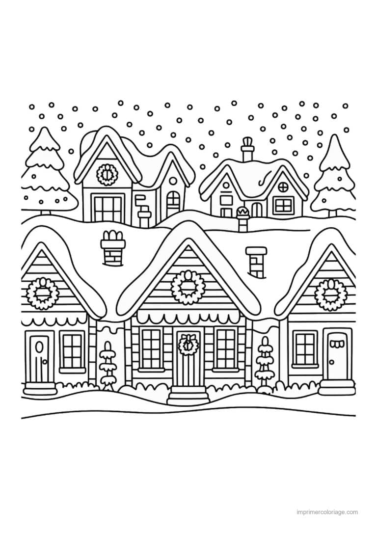 coloriage noel ce2 rue maisons enneigees couronnes - dessin gratuit &agrave; imprimer