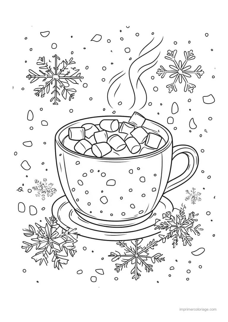 coloriage noel ce2 tasse chocolat chaud guimauves flocons - dessin gratuit &agrave; imprimer
