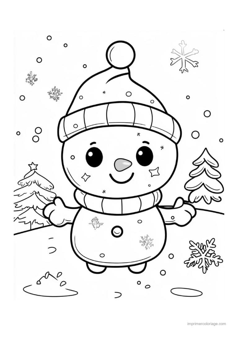 coloriage noel cm2 bonhomme neige bonnet sapins flocons - dessin gratuit &agrave; imprimer