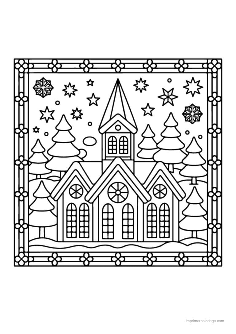 coloriage noel cm2 eglise village sapins etoiles vitrail - dessin gratuit &agrave; imprimer