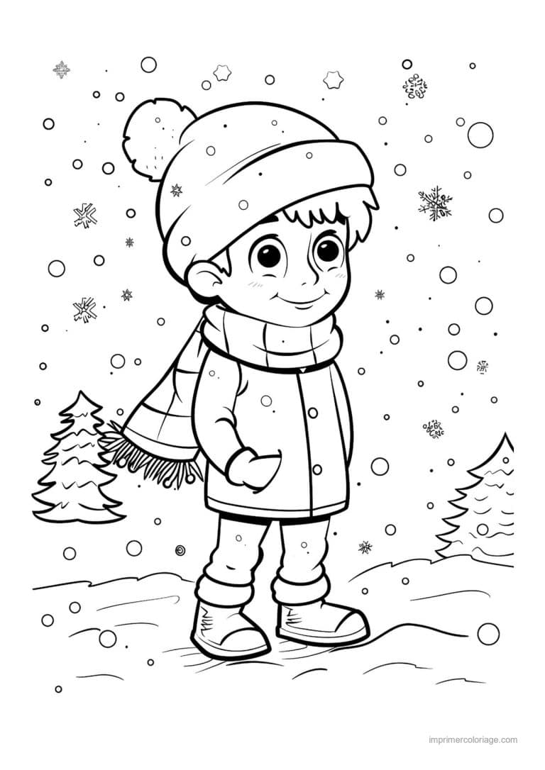 coloriage noel cm2 garcon bonnet echarpe neige sapins - dessin gratuit &agrave; imprimer