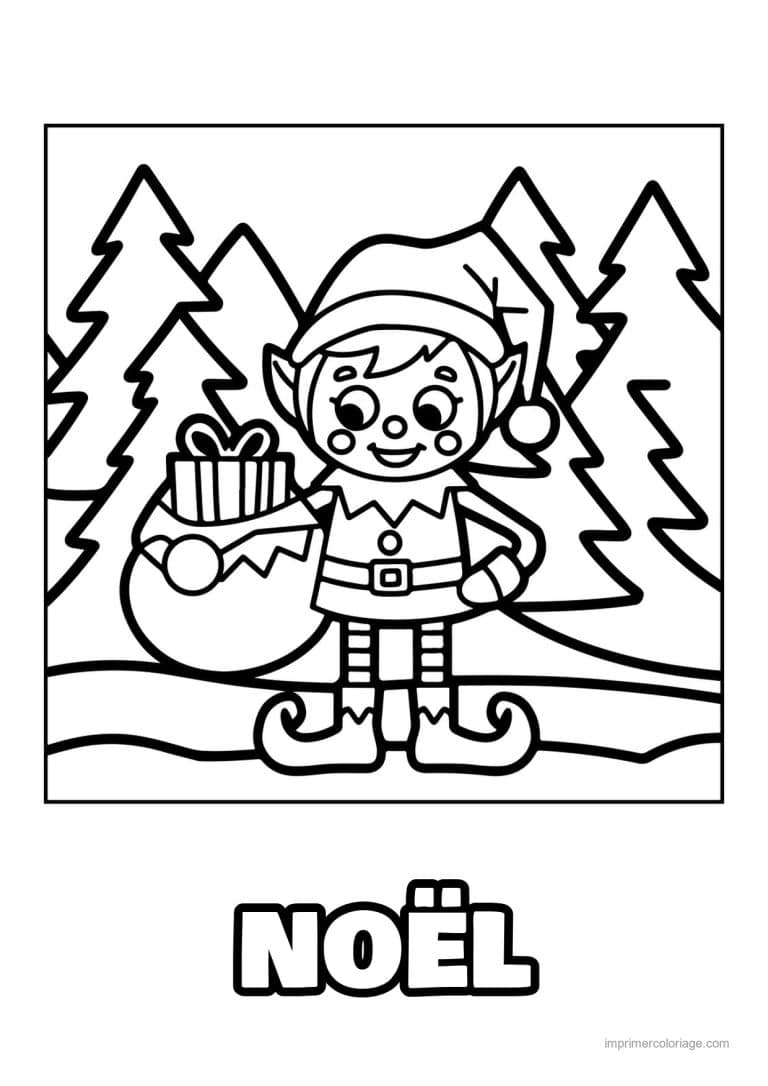 coloriage noel cm2 lutin hotte foret sapins - dessin gratuit &agrave; imprimer