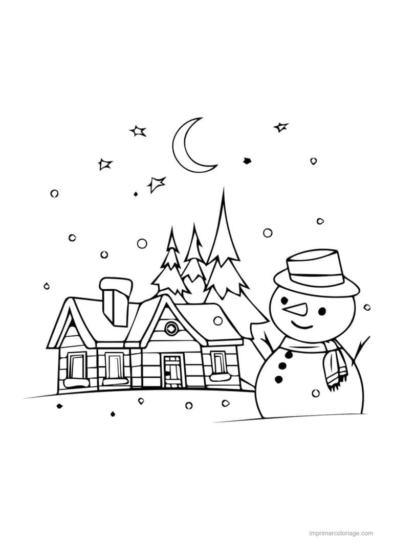coloriage noel cm2 maison enneigee bonhomme neige lune - dessin gratuit &agrave; imprimer