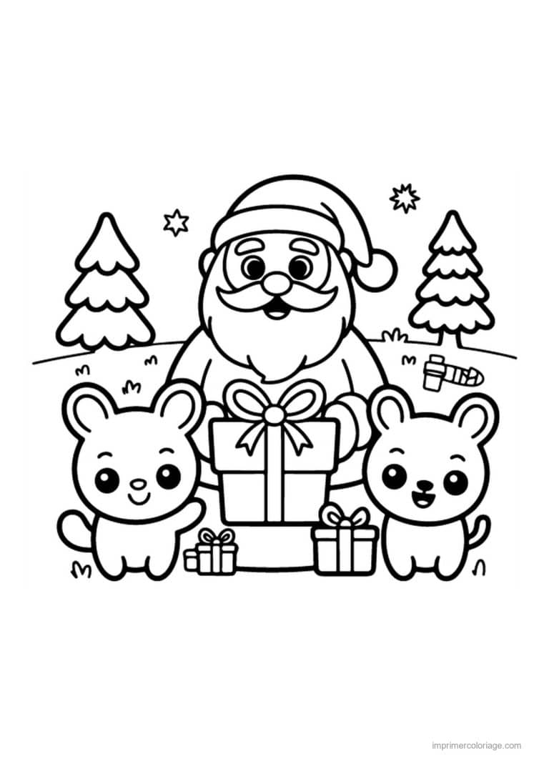 coloriage noel cm2 pere noel souris cadeaux sapins - dessin gratuit &agrave; imprimer