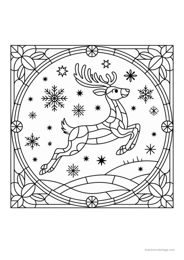 coloriage noel cm2 renne bondissant flocons medaillon - dessin gratuit &agrave; imprimer